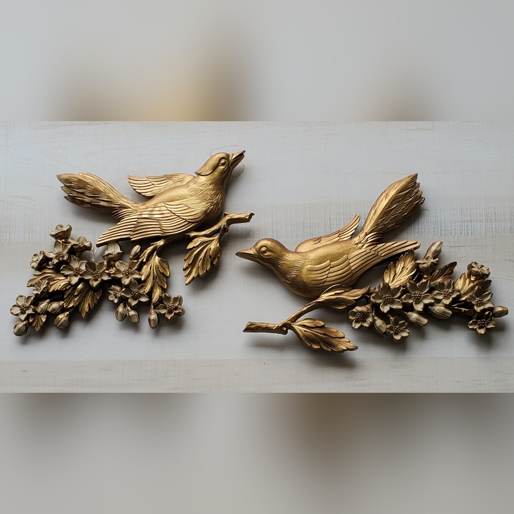 Vintage Gold Bird Dogwood Branch, Floral Wall Decor, Syroco, Mid Century